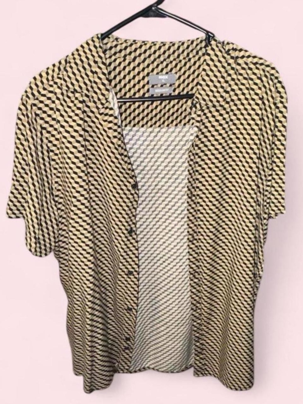 Geometric Cubes Button-Up Shirt in Beige and Black